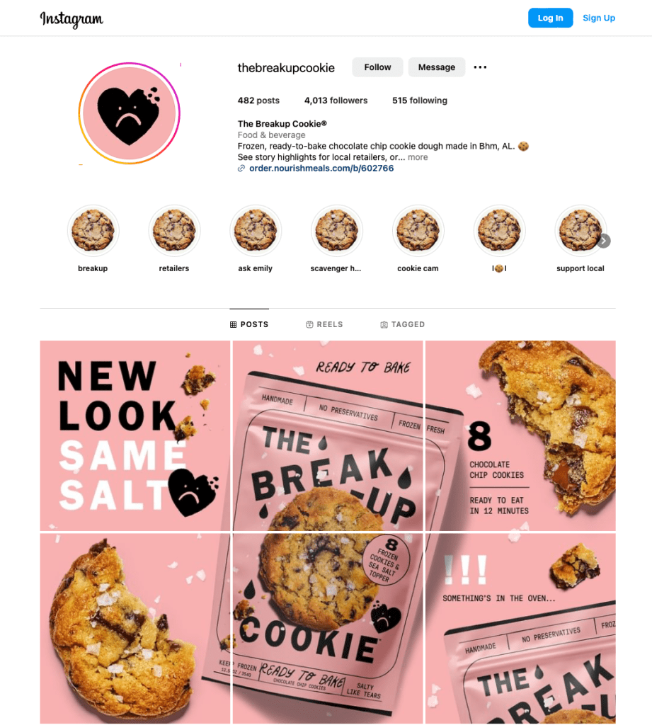 Instagram profile of The Breakup Cookie, featuring an image of frozen, ready-to-bake chocolate chip cookie dough packaging and freshly baked cookies on a pink background.